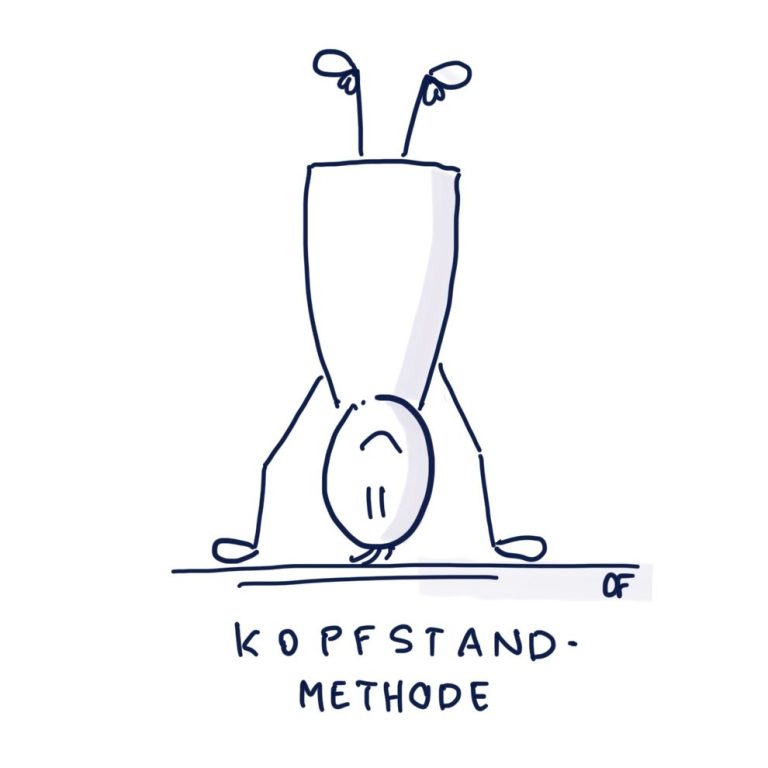Kopfstandmethode Das Bild zeigt die Zeichnung eines Sketchnote-Männchens, das lächelnd einen Kopfstand macht. Die Zeichnung stammt von Anika Franke